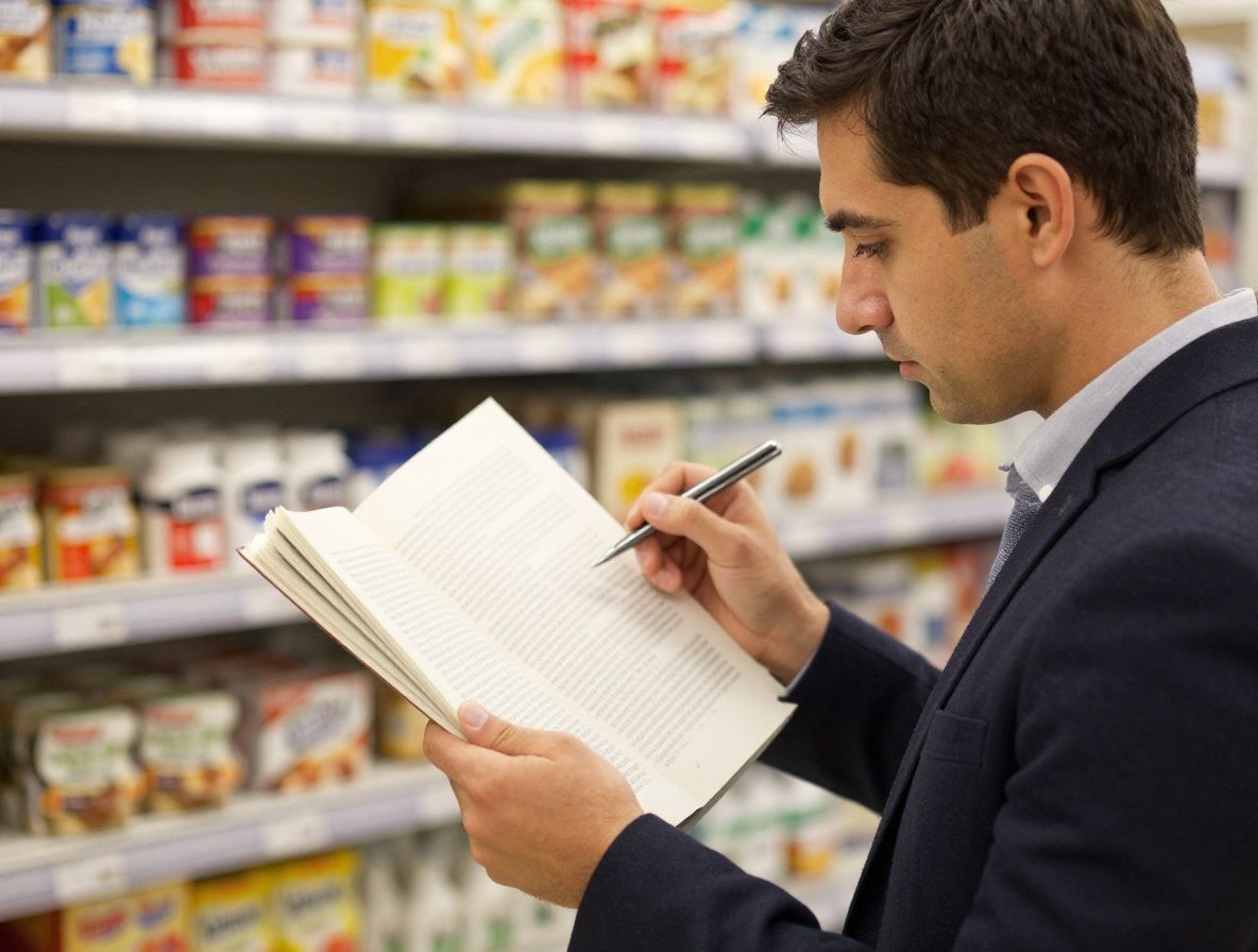 Persona leyendo detenidamente el reverso de un envase de alimentos genérico sin marca en un supermercado iluminado con luz blanca fluorescente