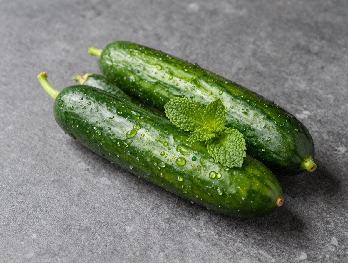 Vaso de agua transparente con rodajas de pepino y menta fresca, colocado sobre una mesa de piedra gris con luz natural difusa
