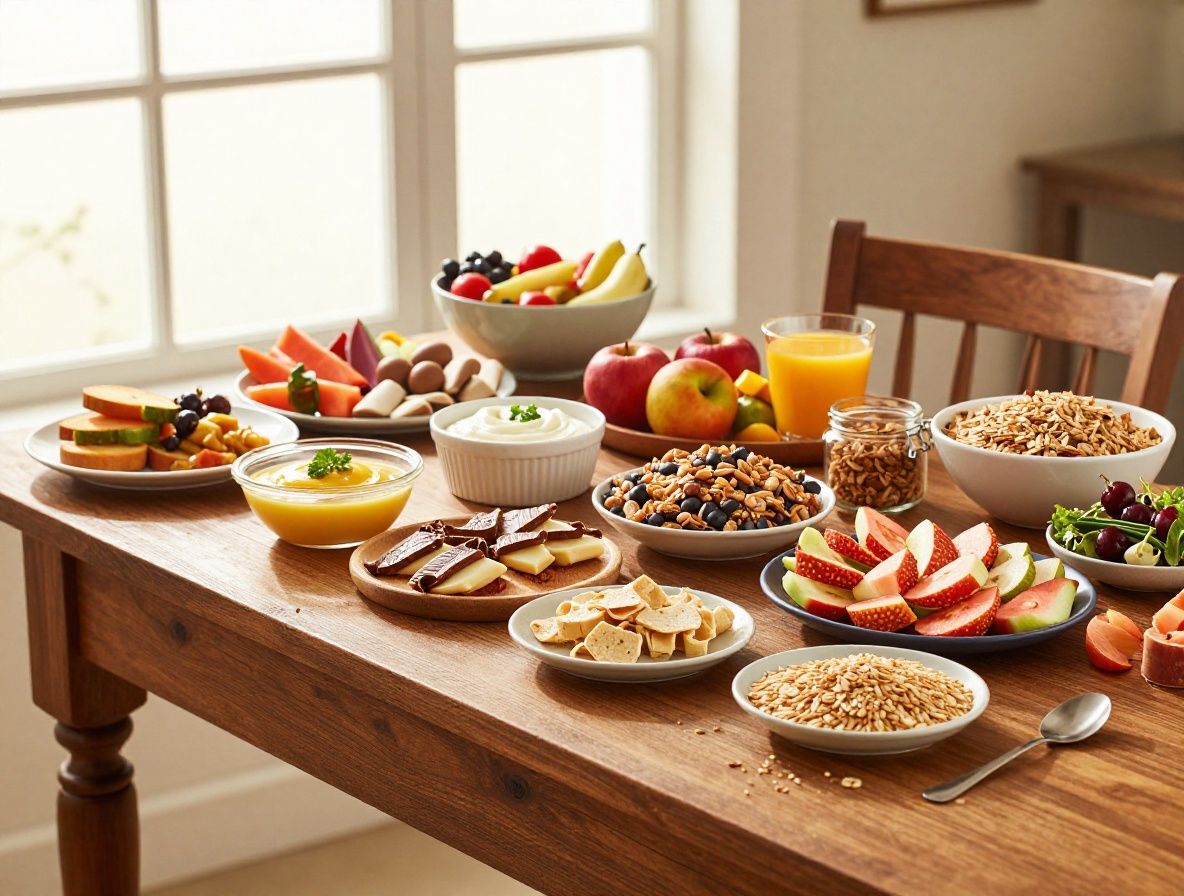 Mesa de madera rústica con una variedad colorida de alimentos frescos incluyendo verduras, frutas, legumbres y cereales integrales, iluminada por luz natural cálida y suave de una ventana
